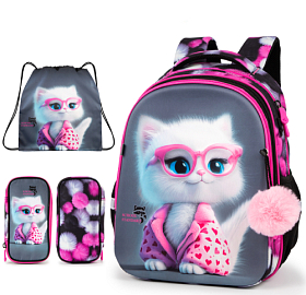 Ортопедичний рюкзак з пеналом та мішком 3 в 1 для дівчинки School Standard 38х30х18 см з Котом для молодших класів (Full 170-66)